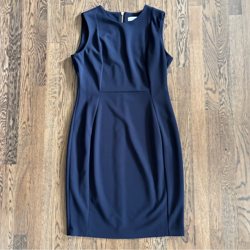 Calvin Klein Sleeveless Sheath Dress with Gold Zipper, Navy Blue